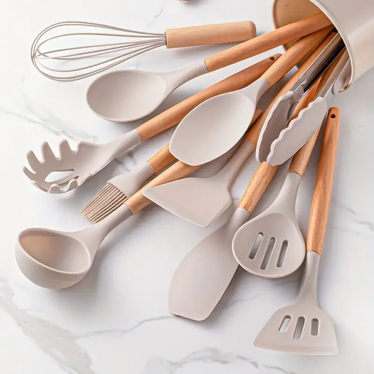 12pcs/set, Silicone Cooking Utensils Set With Wooden Handle, Colorful Non-stick Pot, Heat Resistant