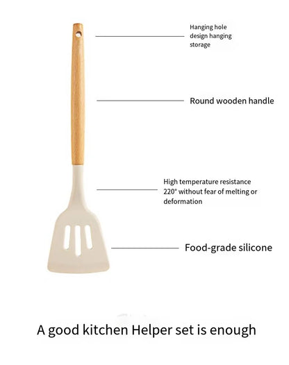 Kitchen Utensils Non-Stick Wooden Handle Silicone Slotted Turner Spatula Spoon